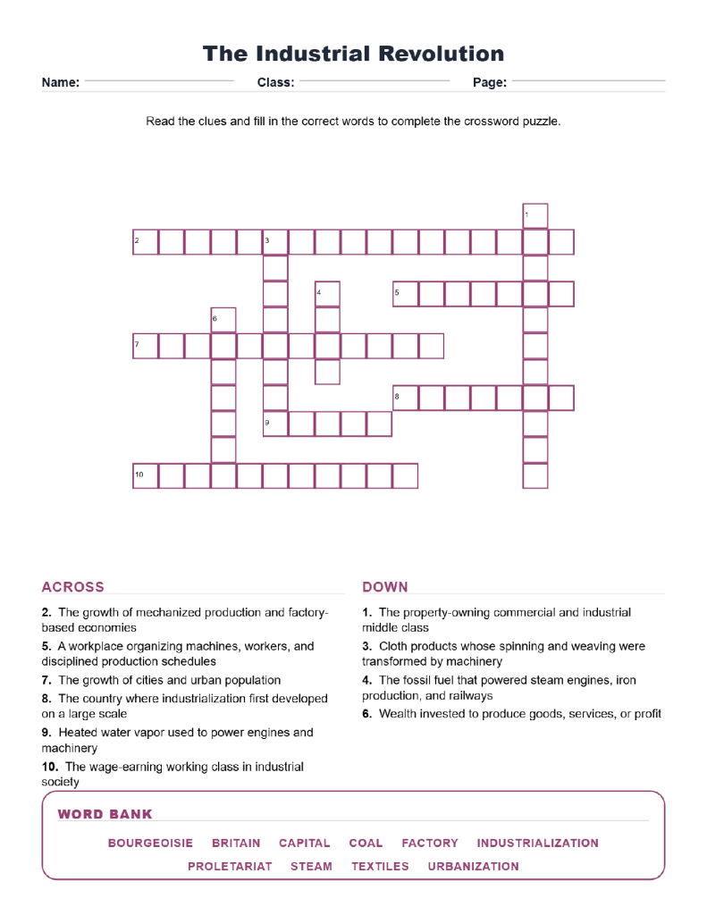 The Industrial Revolution Crossword World History Worksheets.