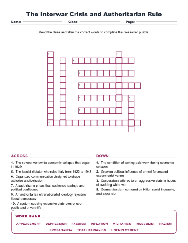The Interwar Crisis and Authoritarian Rule Crossword World History Worksheets.