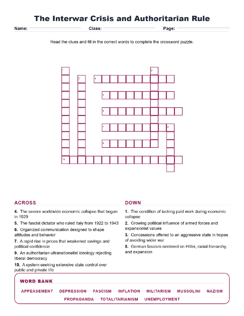 The Interwar Crisis and Authoritarian Rule Crossword World History Worksheets.