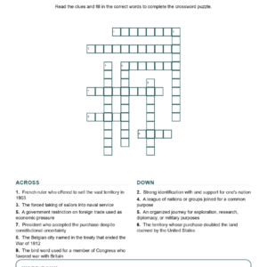 The Louisiana Purchase and the War of 1812 Crossword US History Worksheets.