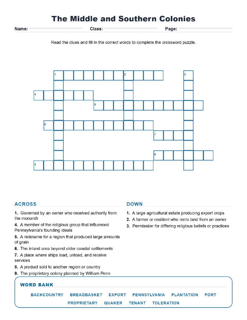 The Middle and Southern Colonies Crossword US History Worksheets.