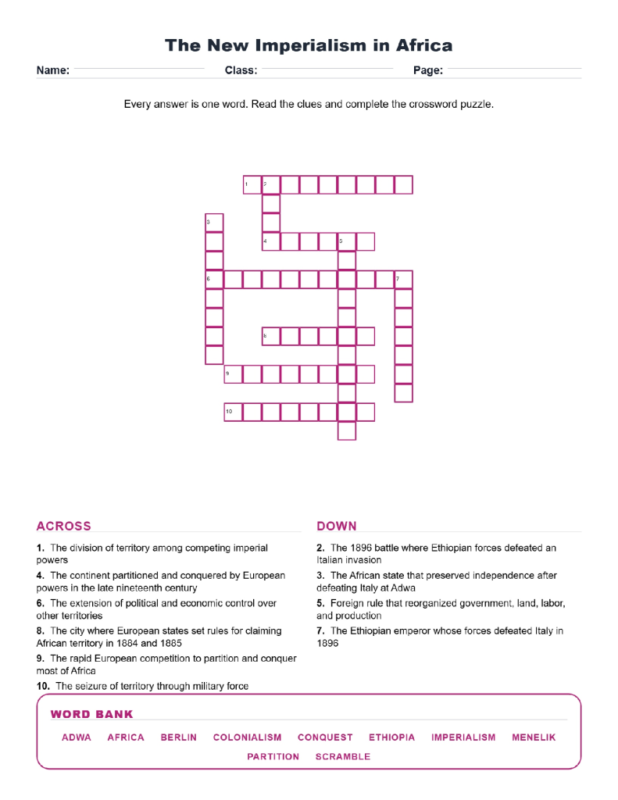 The New Imperialism in Africa Crossword World History Worksheets.