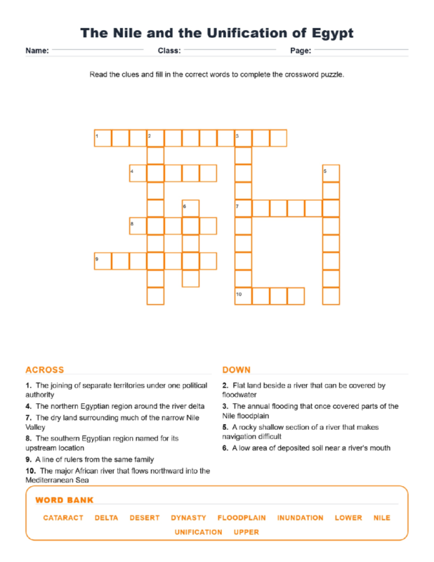 The Nile and the Unification of Egypt (Crossword Worksheets) Unit 3.