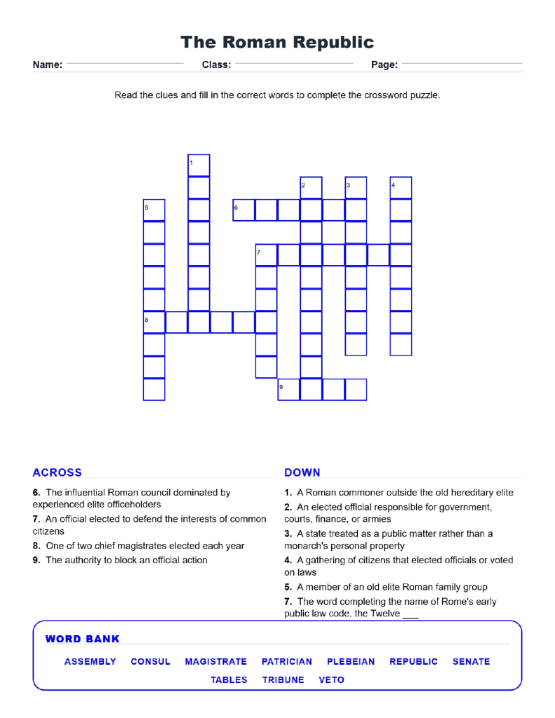 The Roman Republic (Crossword Worksheets) World History Unit 6.