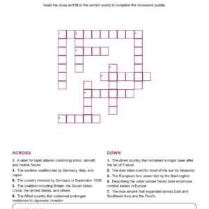 The Second World War Crossword World History Worksheets Grades 9 10.