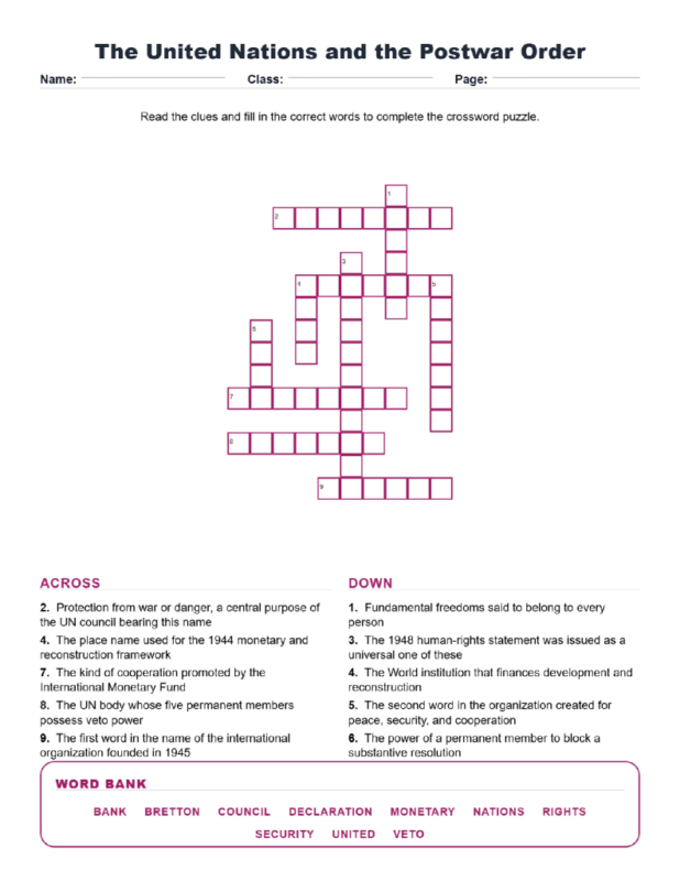 The United Nations and the Postwar Order (Crossword Worksheets) World History Grades 9 to 10 Unit 6.