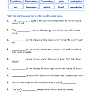 The Water Cycle TEKS 4.10 B Grade 4 science fill in the blanks worksheets.