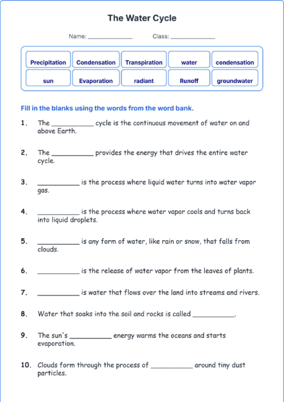 The Water Cycle TEKS 4.10 B Grade 4 science fill in the blanks worksheets.