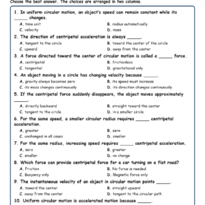 Uniform Circular Motion MCQ Fill Written Exit Tickets Worksheet TEKS Physics.