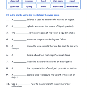Using Scientific Tools and Models TEKS 4.1 D Grade 4 science fill in the blanks worksheets.