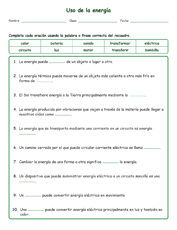 Uso de la energía Completar MCQ Escritas Salida Hojas NGSS Grado 4