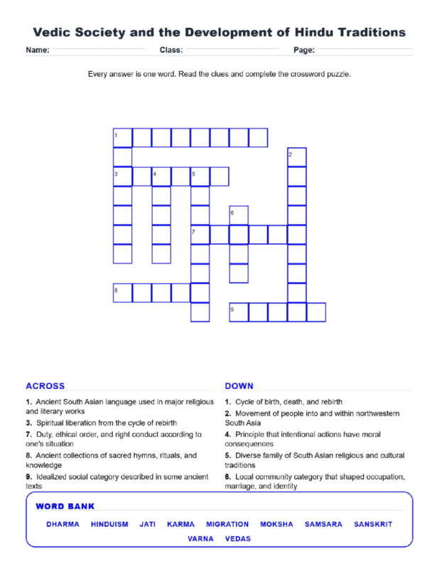 Vedic Society and Hindu Traditions (Crossword Worksheets) World History Unit 4.