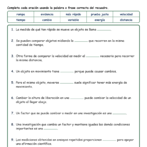 Velocidad y Completar MCQ Escritas Tickets Hoja NGSS Ciencias Grado 4
