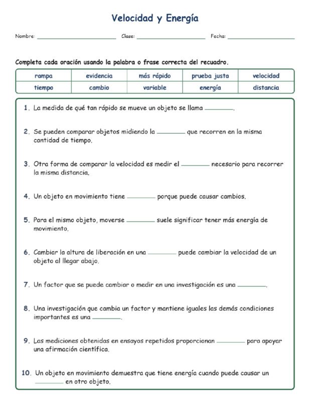 Velocidad y Completar MCQ Escritas Tickets Hoja NGSS Ciencias Grado 4