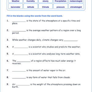 Weather and Climate Patterns TEKS 4.10 A Grade 4 science fill in the blanks worksheets.