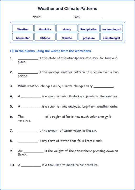 Weather and Climate Patterns TEKS 4.10 A Grade 4 science fill in the blanks worksheets.