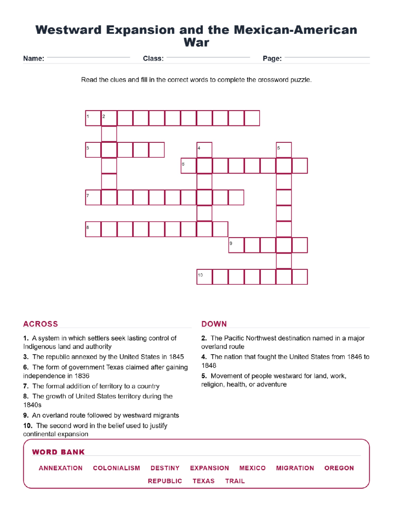 Westward Expansion and the Mexican-American War (Crossword Worksheets) Early US History Grade 8 Unit 6.