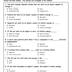 Work Energy Theorem Fill MCQ Written Exit Tickets Worksheet TEKS Physics.