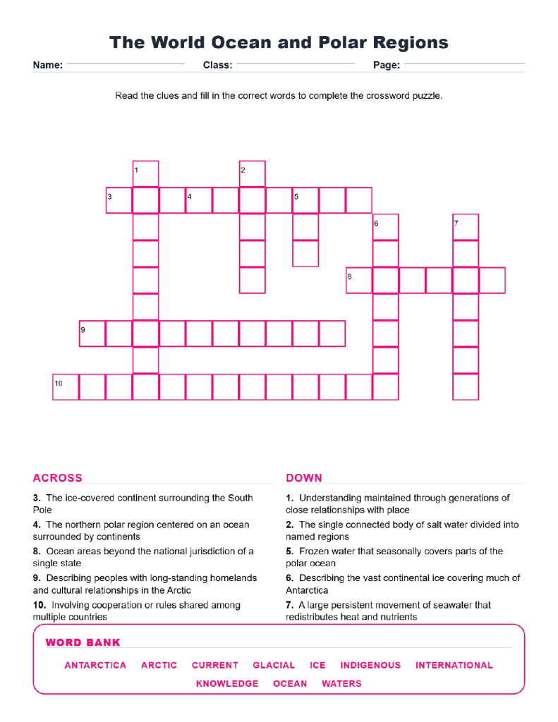 World Ocean and Polar Regions Geography Crossword Worksheets Grades 6 7.