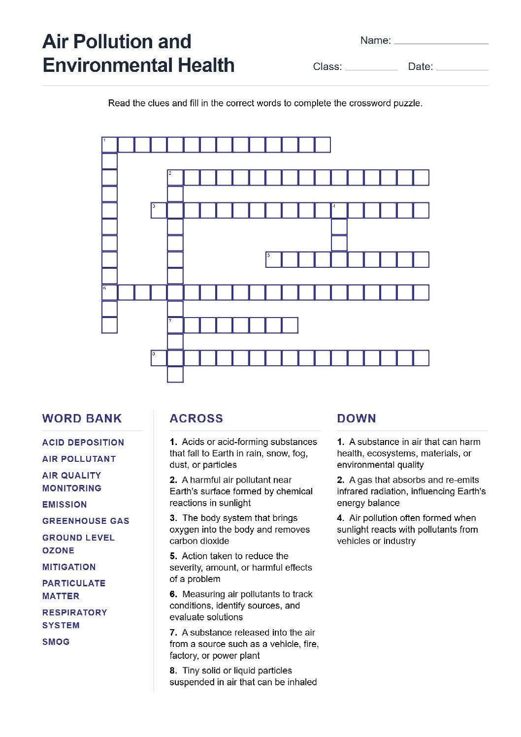 Air Pollution and Environmental Health (Crossword Worksheets) Grade 7 NGSS