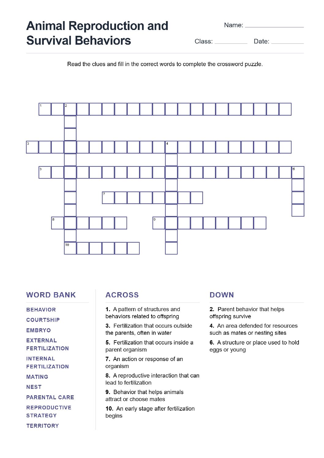 Animal Reproduction and Survival Behaviors (Crossword Worksheets) Grade 7 NGSS