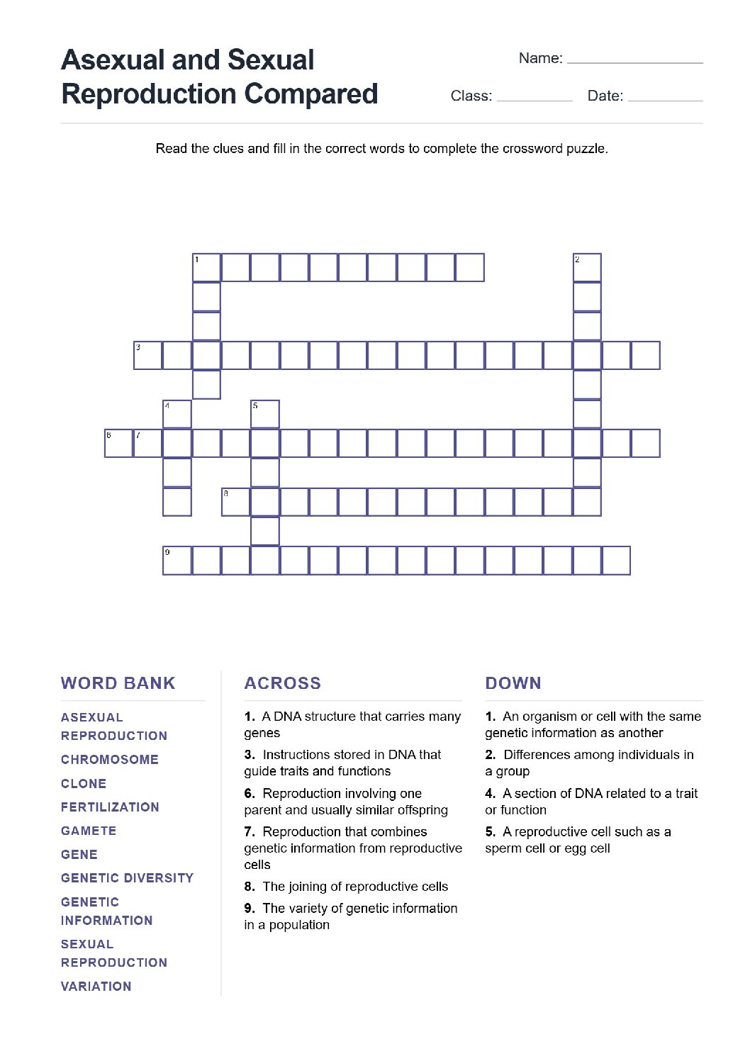Asexual and Sexual Reproduction Compared (Crossword Worksheets) Grade 7 NGSS