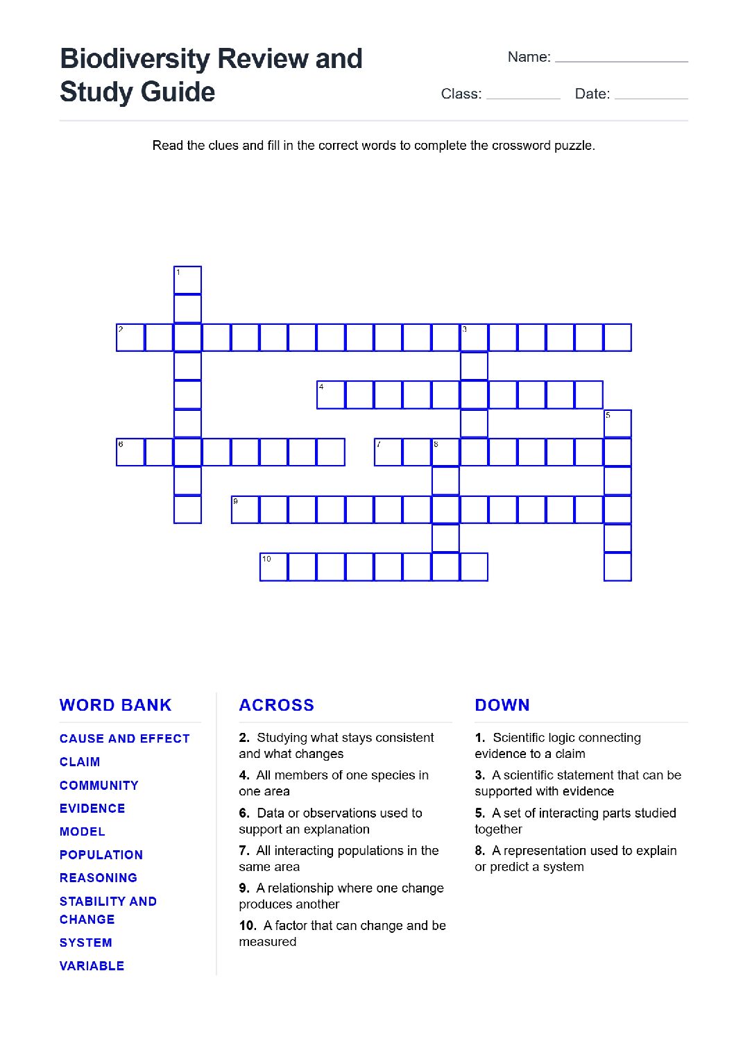 Biodiversity Review and Study Guide (Crossword Worksheets) Grade 7 NGSS