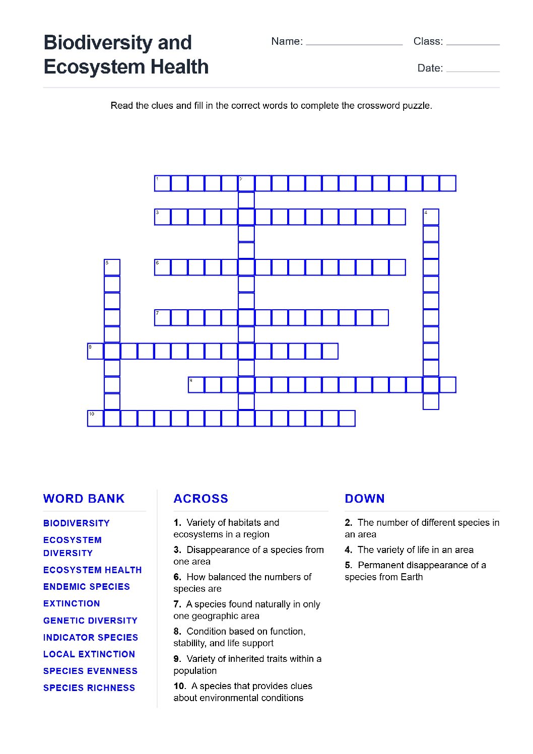 Biodiversity and Ecosystem Health (Crossword Worksheets) Grade 7 NGSS