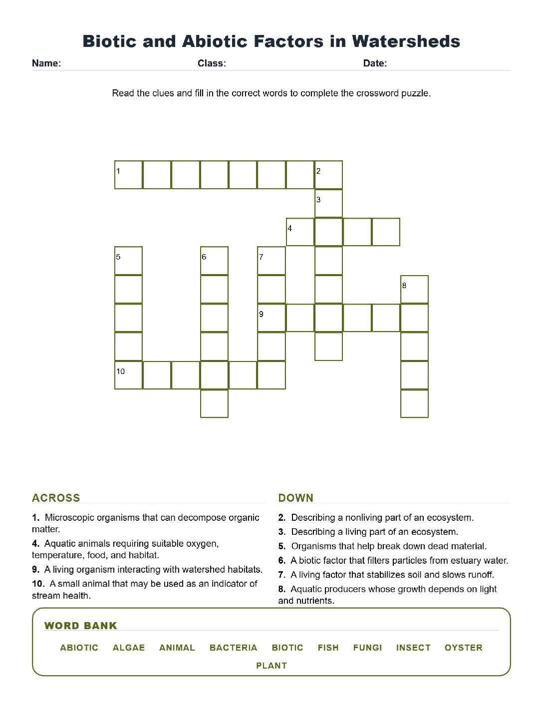 Biotic and Abiotic Factors in Watersheds (Crossword Worksheets) Virginia SOL 6.8d