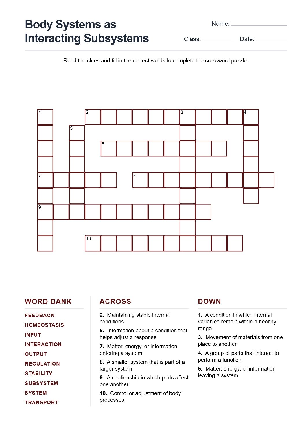 Body Systems as Interacting Subsystems (Crossword Worksheets) Grade 7 NGSS
