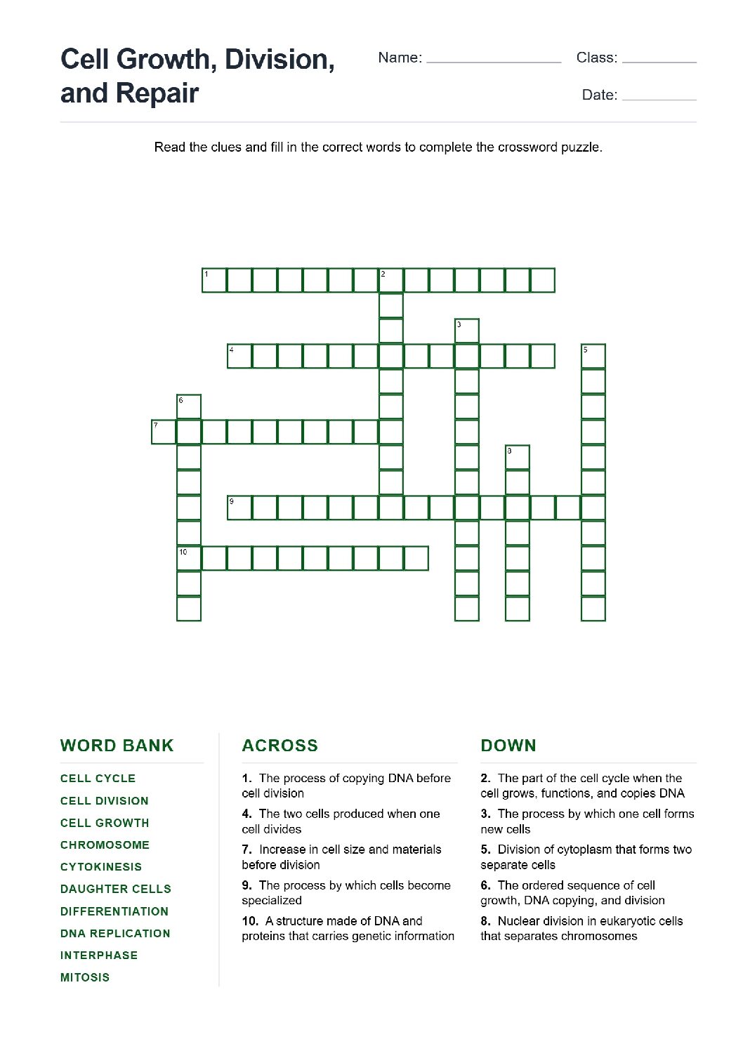 Cell Growth, Division, and Repair (Crossword Worksheets) Grade 7 NGSS