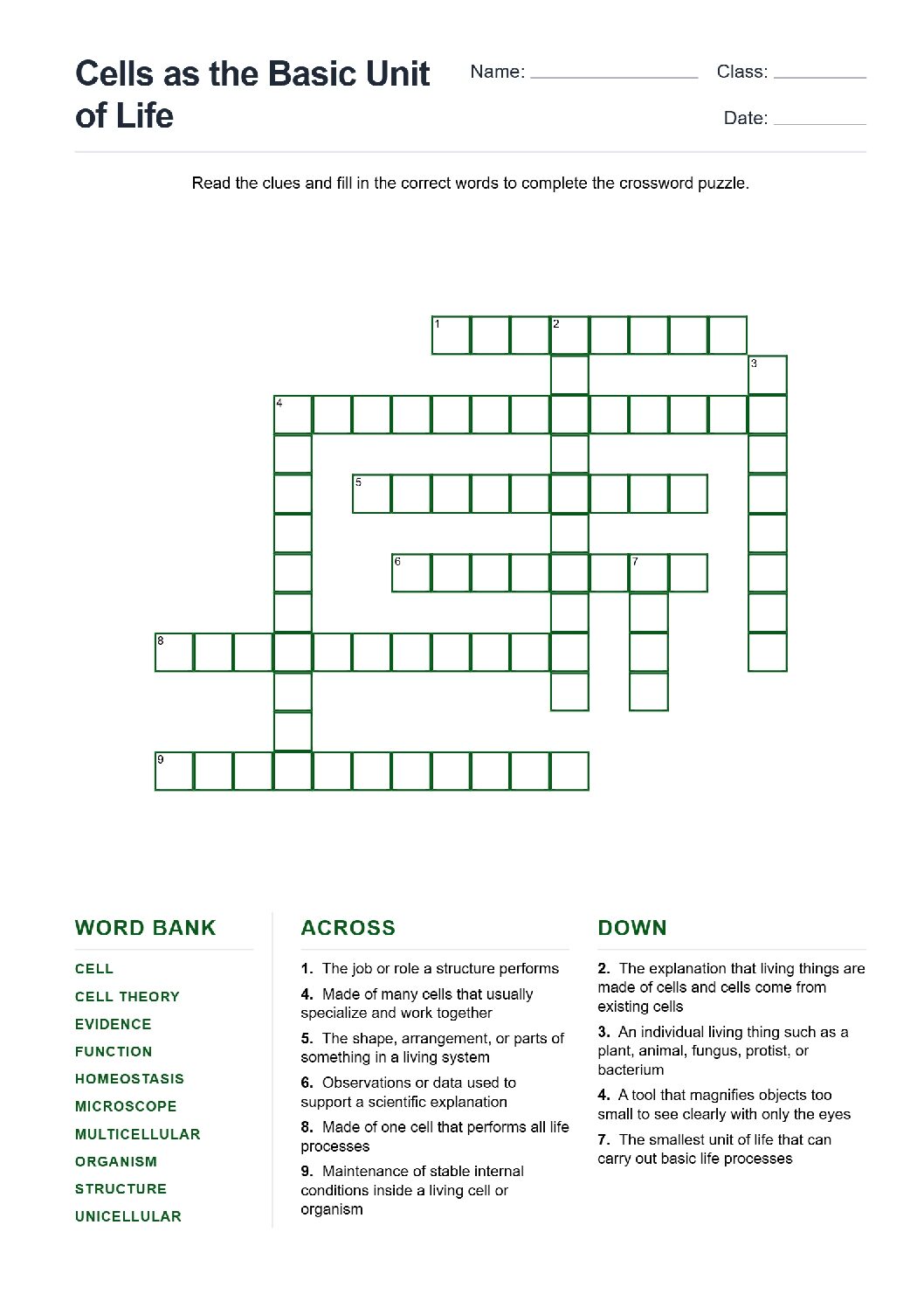 Cells as the Basic Unit of Life (Crossword Worksheets) Grade 7 NGSS