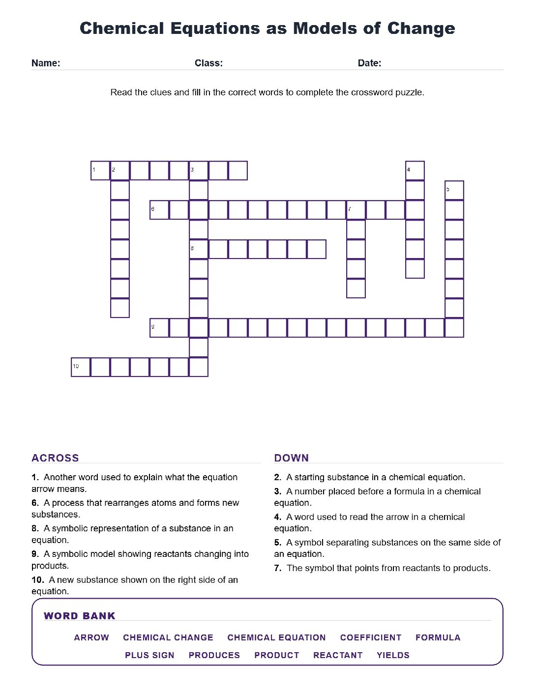 Chemical Equations as Models of Change (Crossword Worksheets) Virginia SOL 6.5f