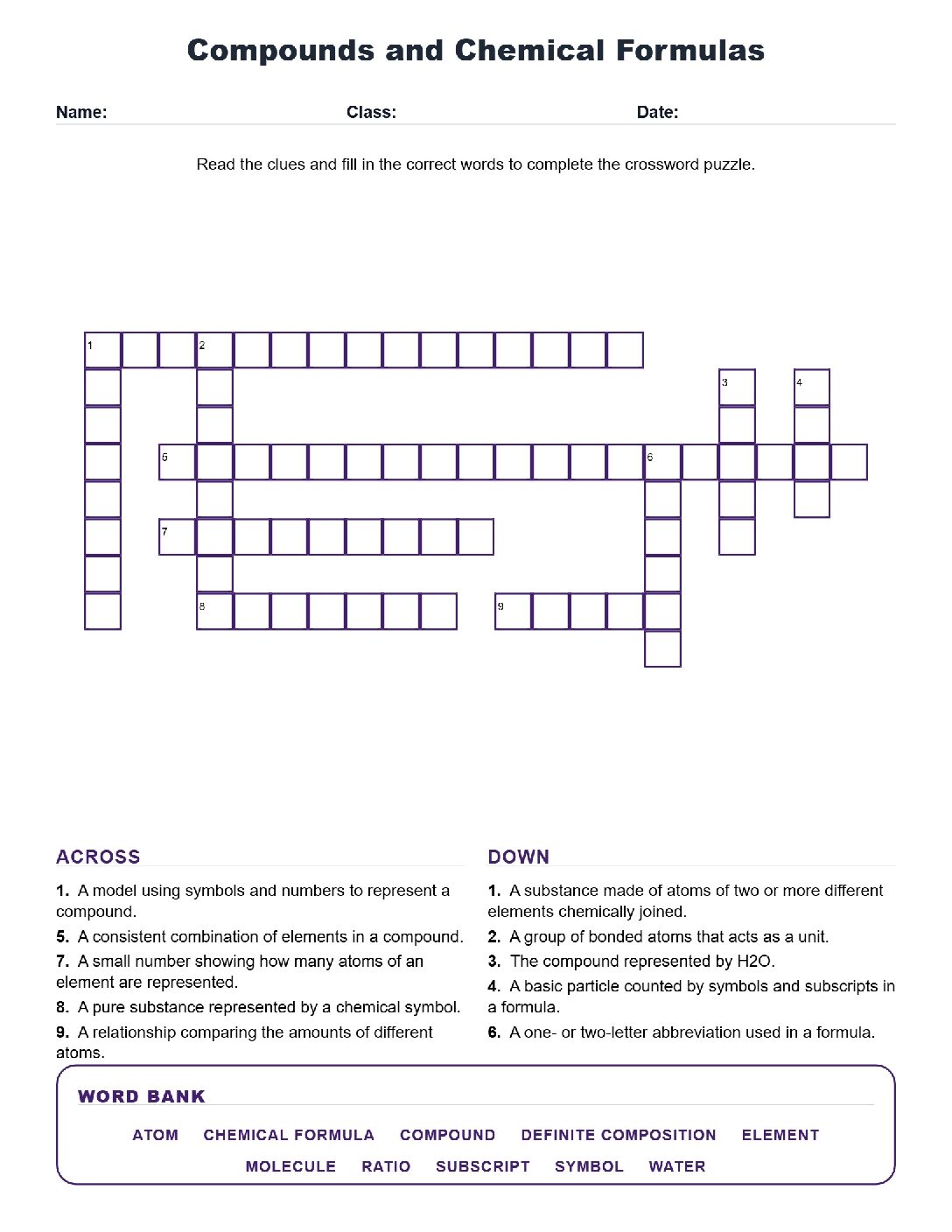 Compounds and Chemical Formulas (Crossword Worksheets) Virginia SOL 6.5e.
