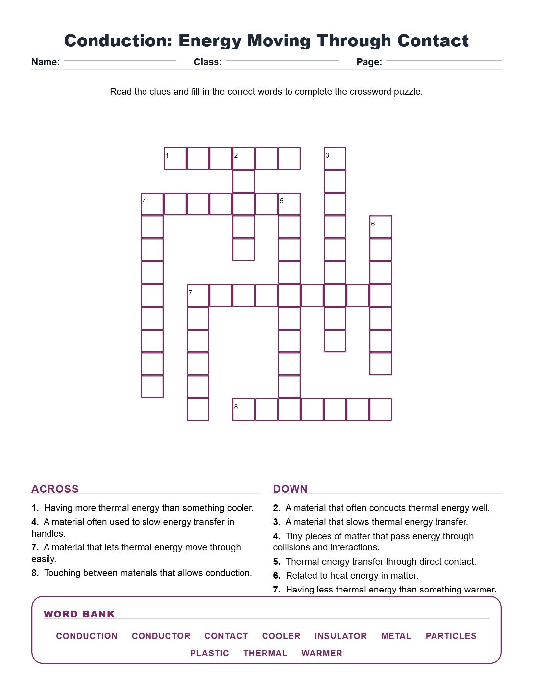 Conduction_ Energy Moving Through Contact (Crossword Worksheets) Virginia SOL 6.4c