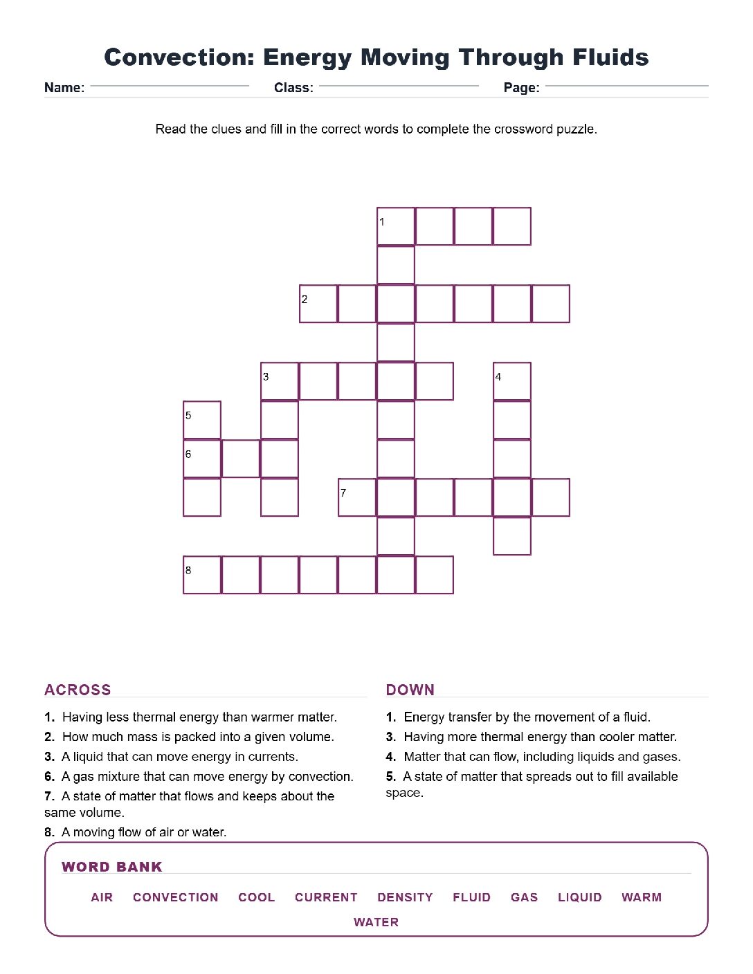 Convection_ Energy Moving Through Fluids (Crossword Worksheets) Virginia SOL 6.4c
