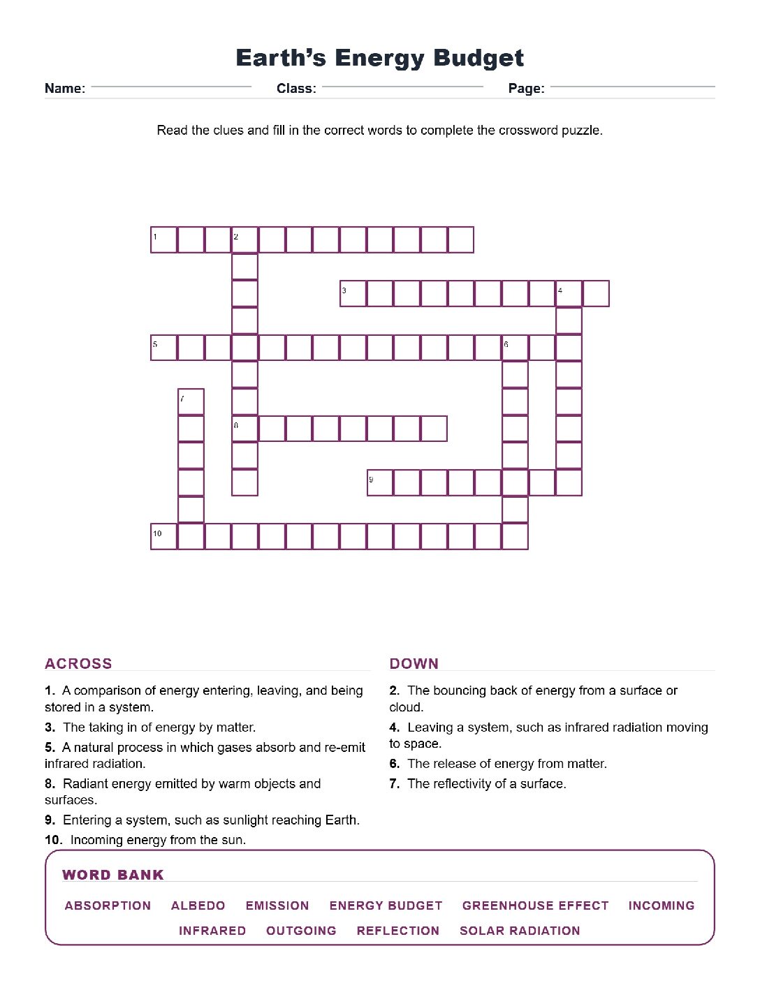 Earth’s Energy Budget (Crossword Worksheets) Virginia SOL 6.4b