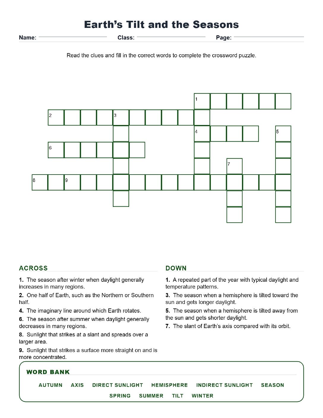 Earth’s Tilt and the Seasons (Crossword Worksheets) Virginia SOL 6.3d