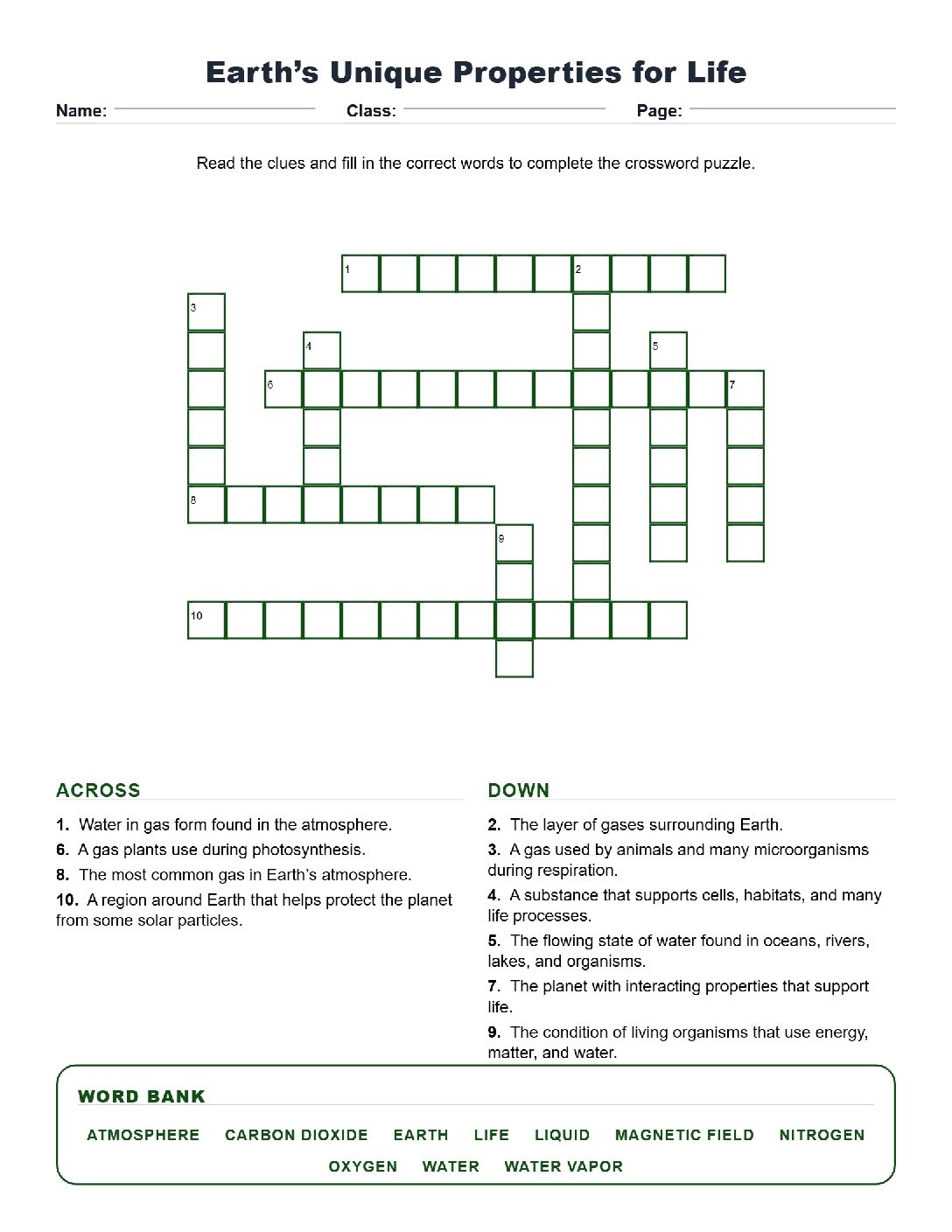 Earth’s Unique Properties for Life (Crossword Worksheets) Virginia SOL 6.3a