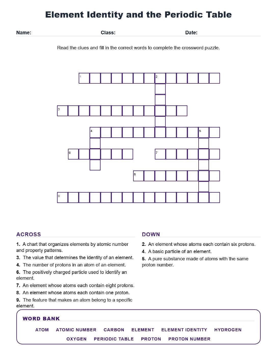 Element Identity and the Periodic Table (Crossword Worksheets) Virginia SOL 6.5b