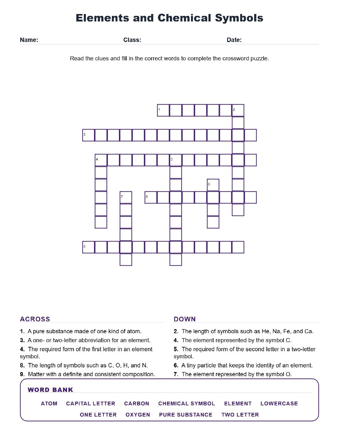 Elements and Chemical Symbols (Crossword Worksheets) Virginia SOL 6.5c