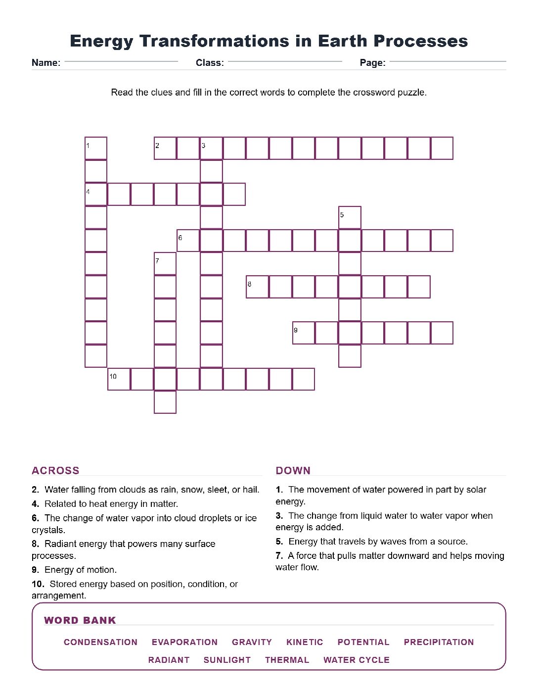 Energy Transformations in Earth Processes (Crossword Worksheets) Virginia SOL 6.4b-d