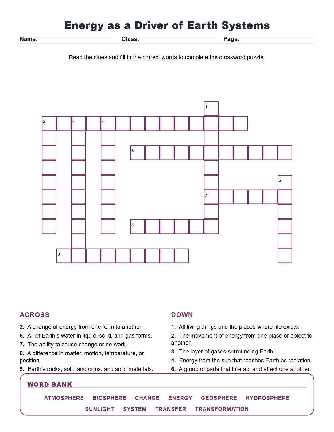 Energy as a Driver of Earth Systems (Crossword Worksheets) Virginia SOL 6.4