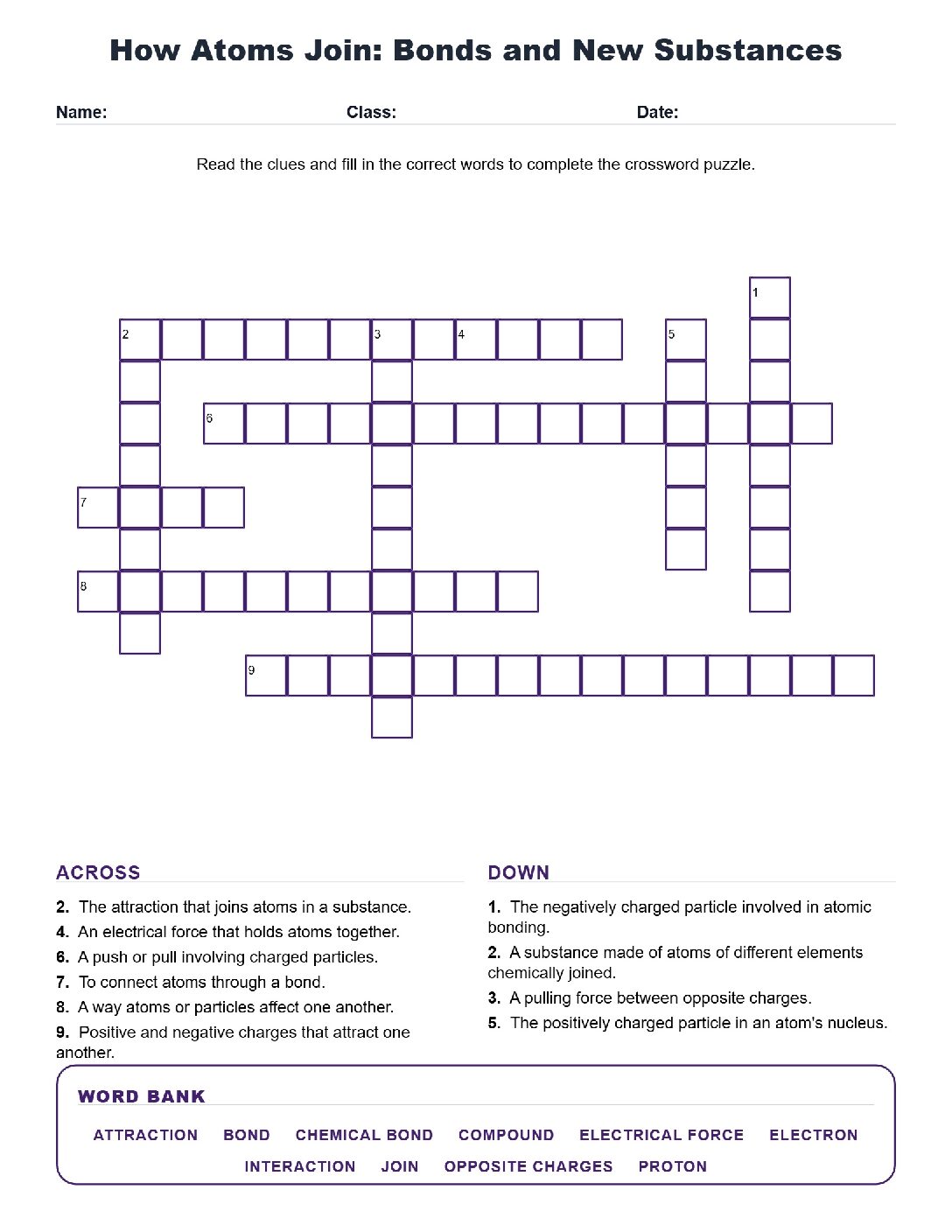 How Atoms Join Bonds and New Substances (Crossword Worksheets) Virginia SOL 6.5d