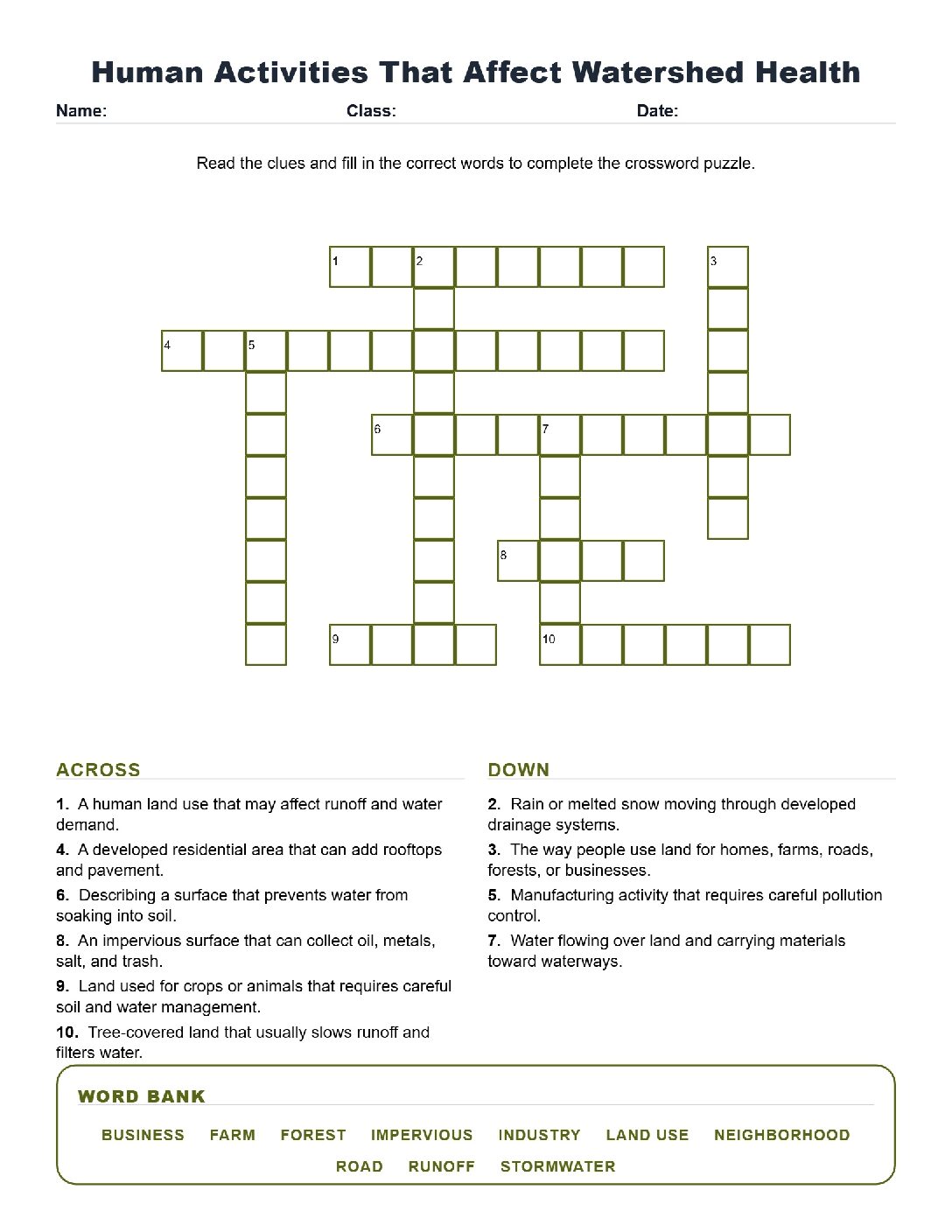 Human Activities That Affect Watershed Health (Crossword Worksheets) Virginia SOL 6.8d