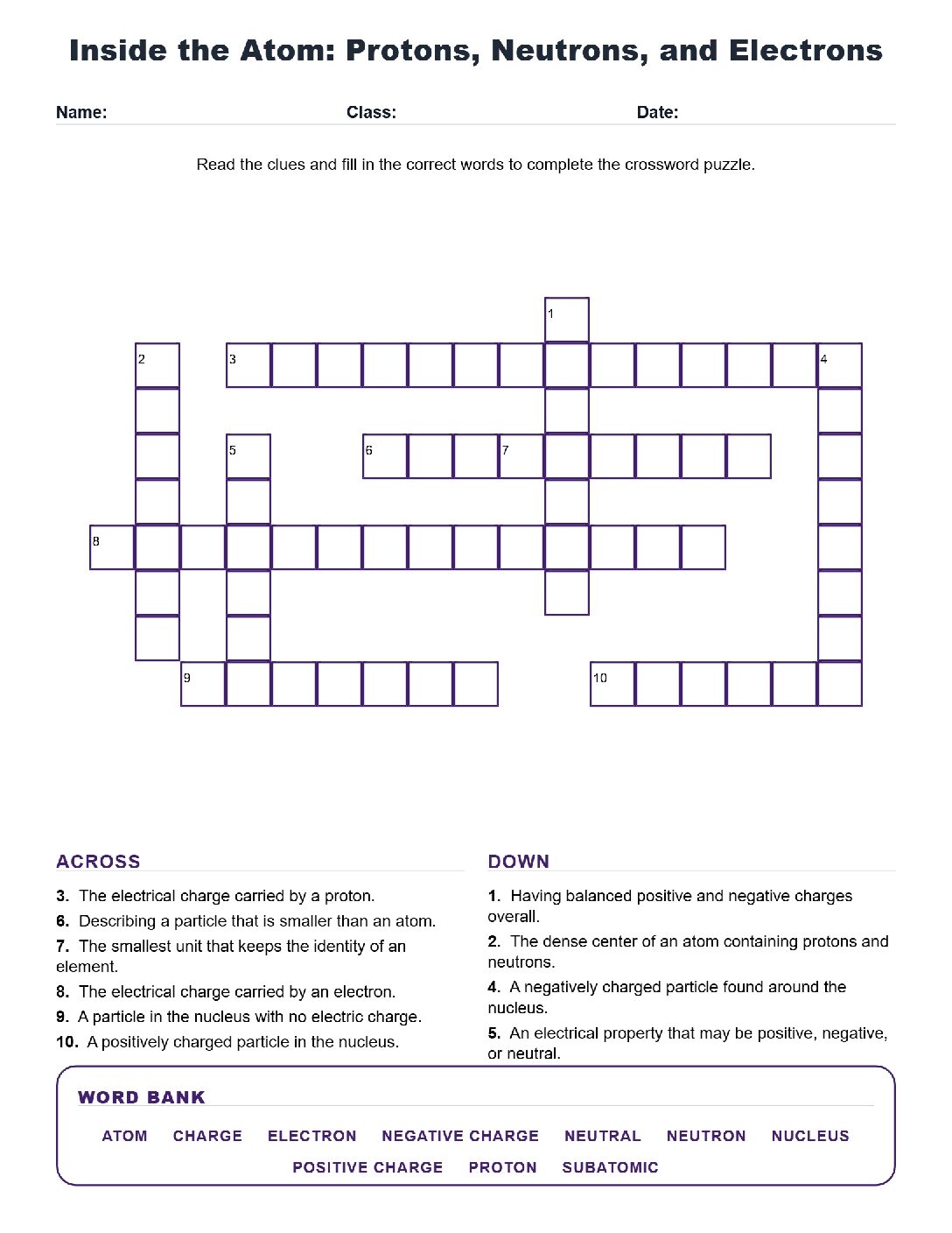Inside the Atom Protons Neutrons and Electrons (Crossword Worksheets) Virginia SOL 6.5a