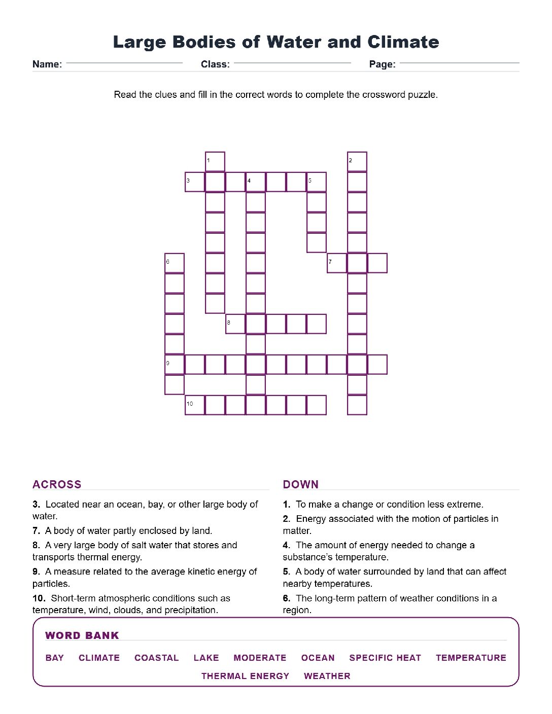 Large Bodies of Water and Climate (Crossword Worksheets) Virginia SOL 6.6e
