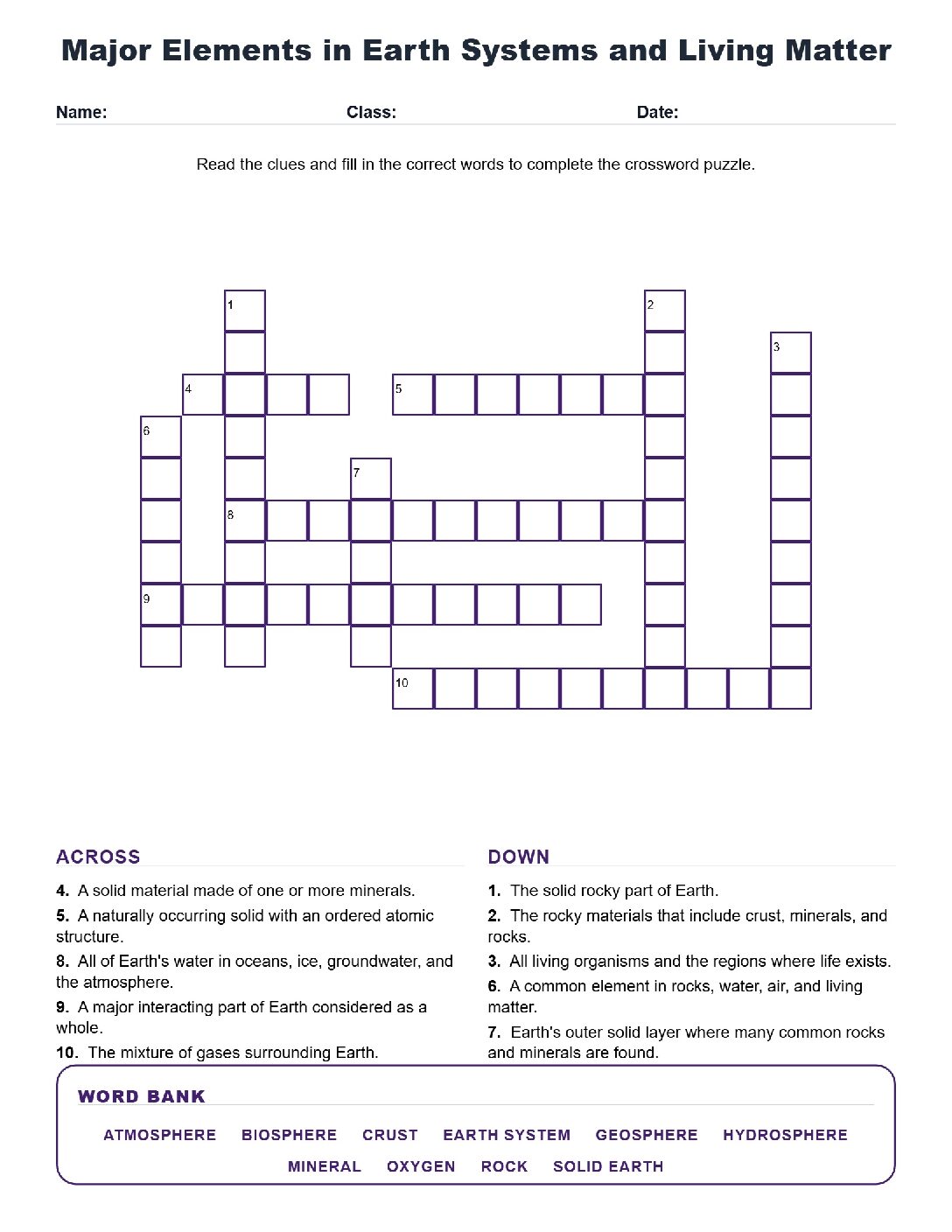 Major Elements in Earth Systems and Living Matter (Crossword Worksheets) Virginia SOL 6.5g