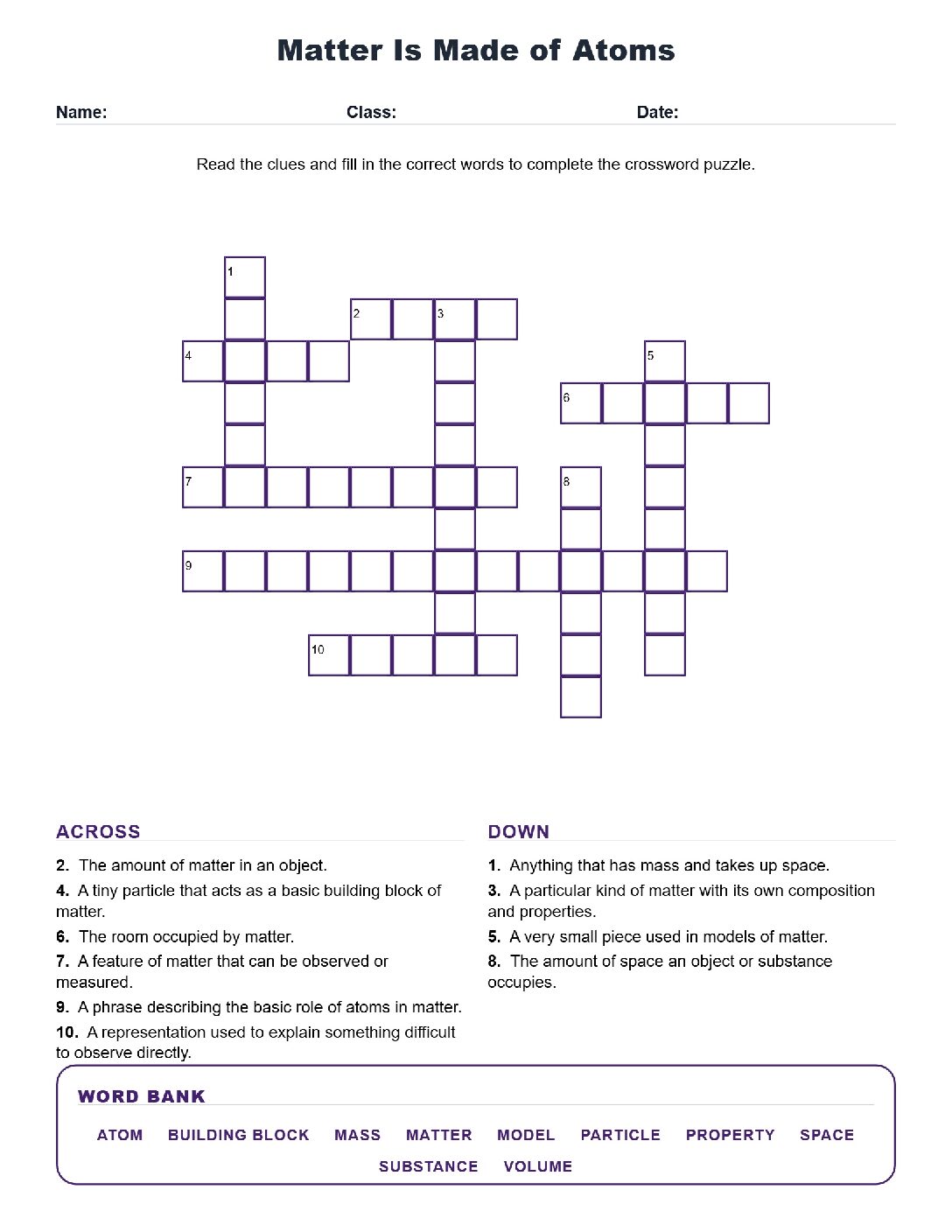 Matter Is Made of Atoms (Crossword Worksheets) Virginia SOL 6.5