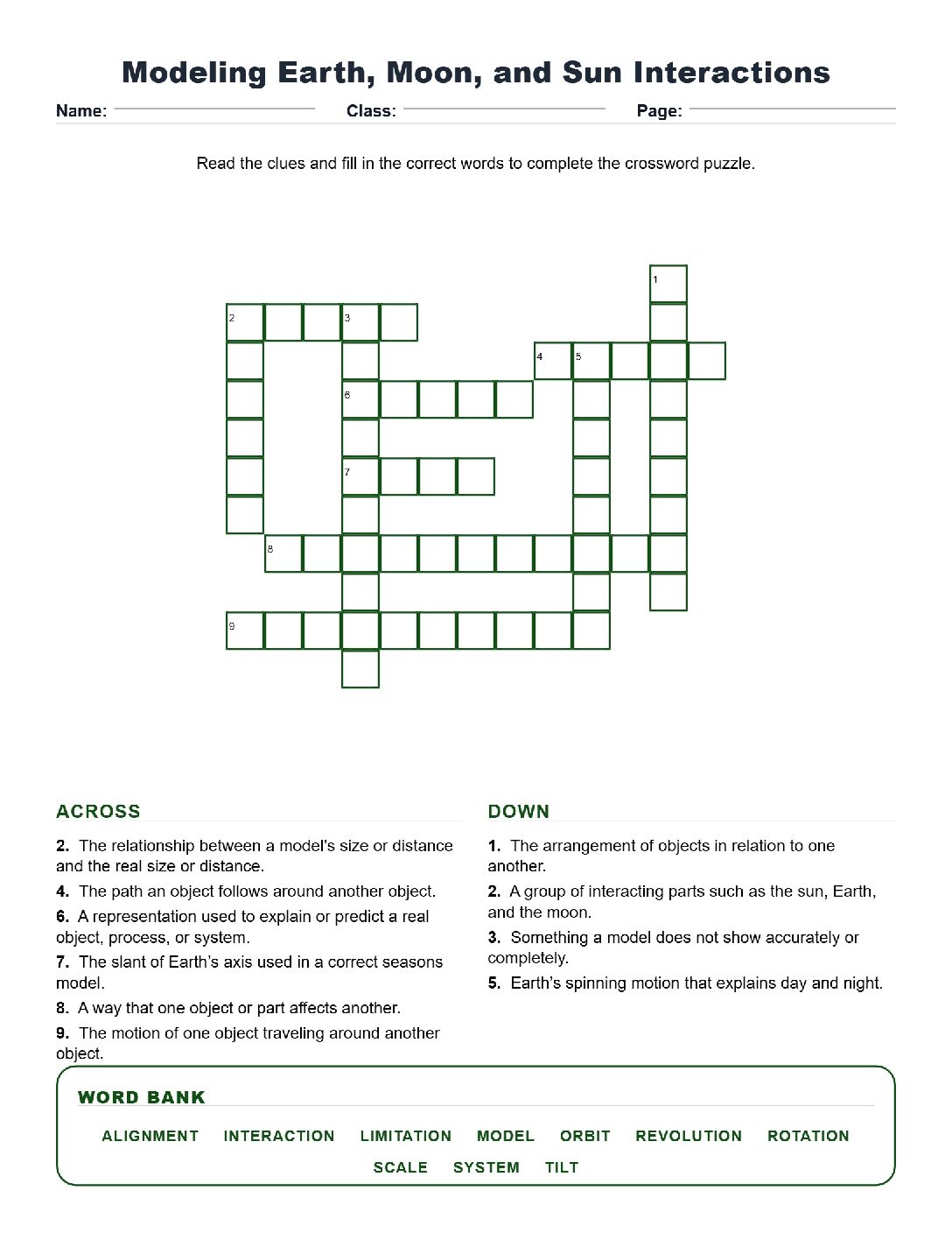 Modeling Earth, Moon, and Sun Interactions (Crossword Worksheets) Virginia SOL 6.3a-e
